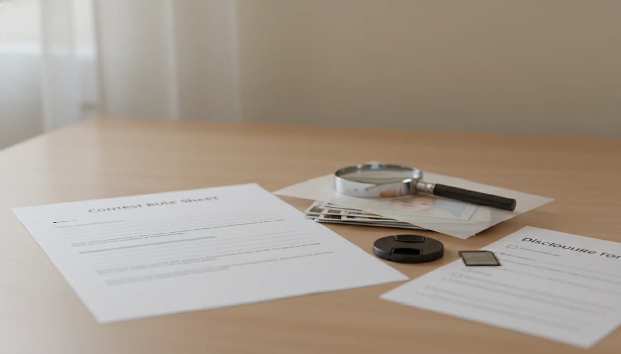 A desk still life shows baby photo prints, contest papers, an SD card, and a magnifying glass.