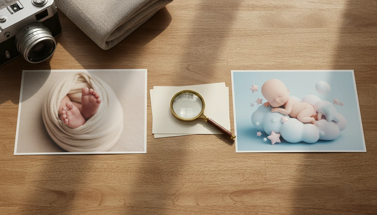 Two newborn photo prints on a table compare a real captured detail with a polished AI-style image.