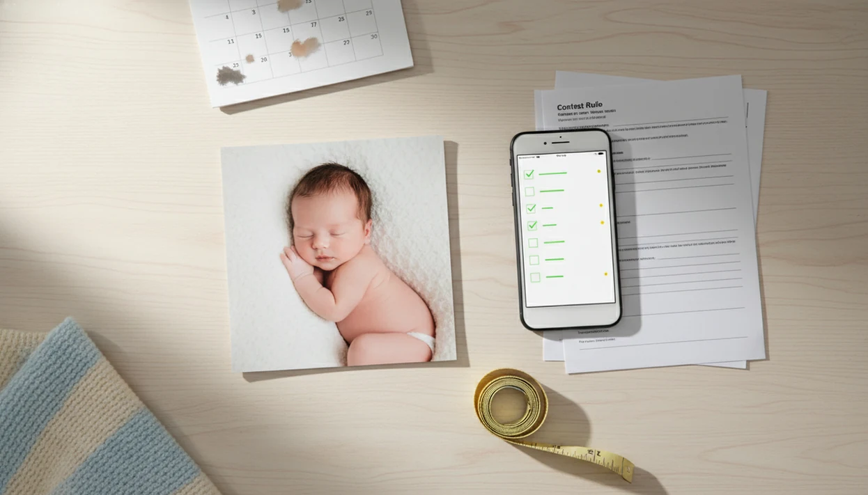 A newborn photo, phone checklist, and contest papers arranged on a nursery desk for rule review.