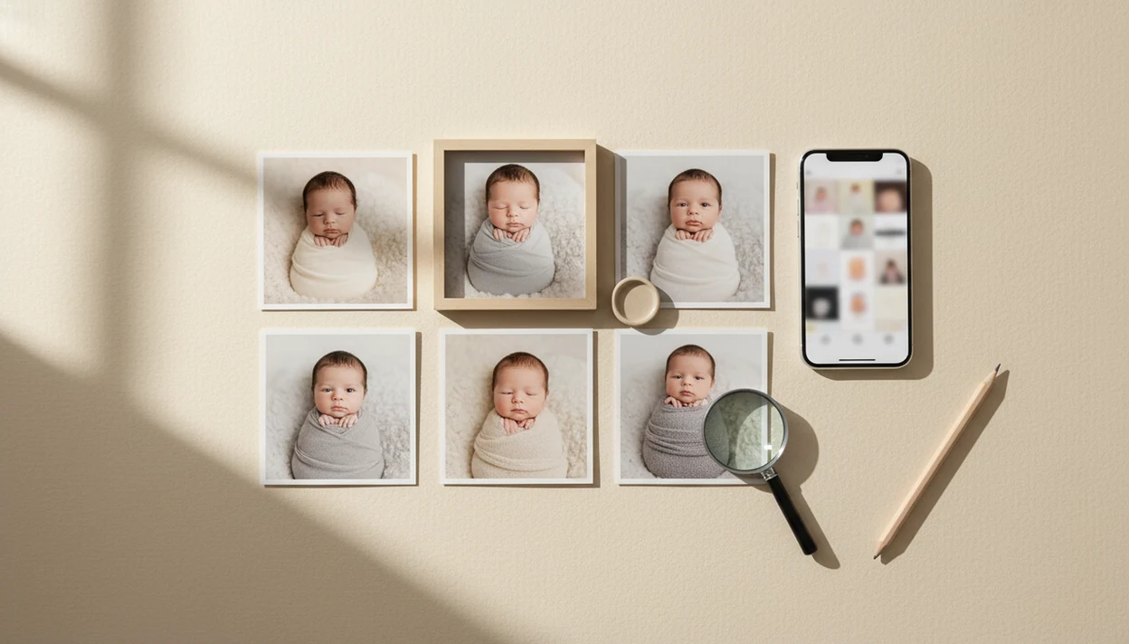 Printed baby photos, a phone, and a loupe show a careful contest photo selection process.