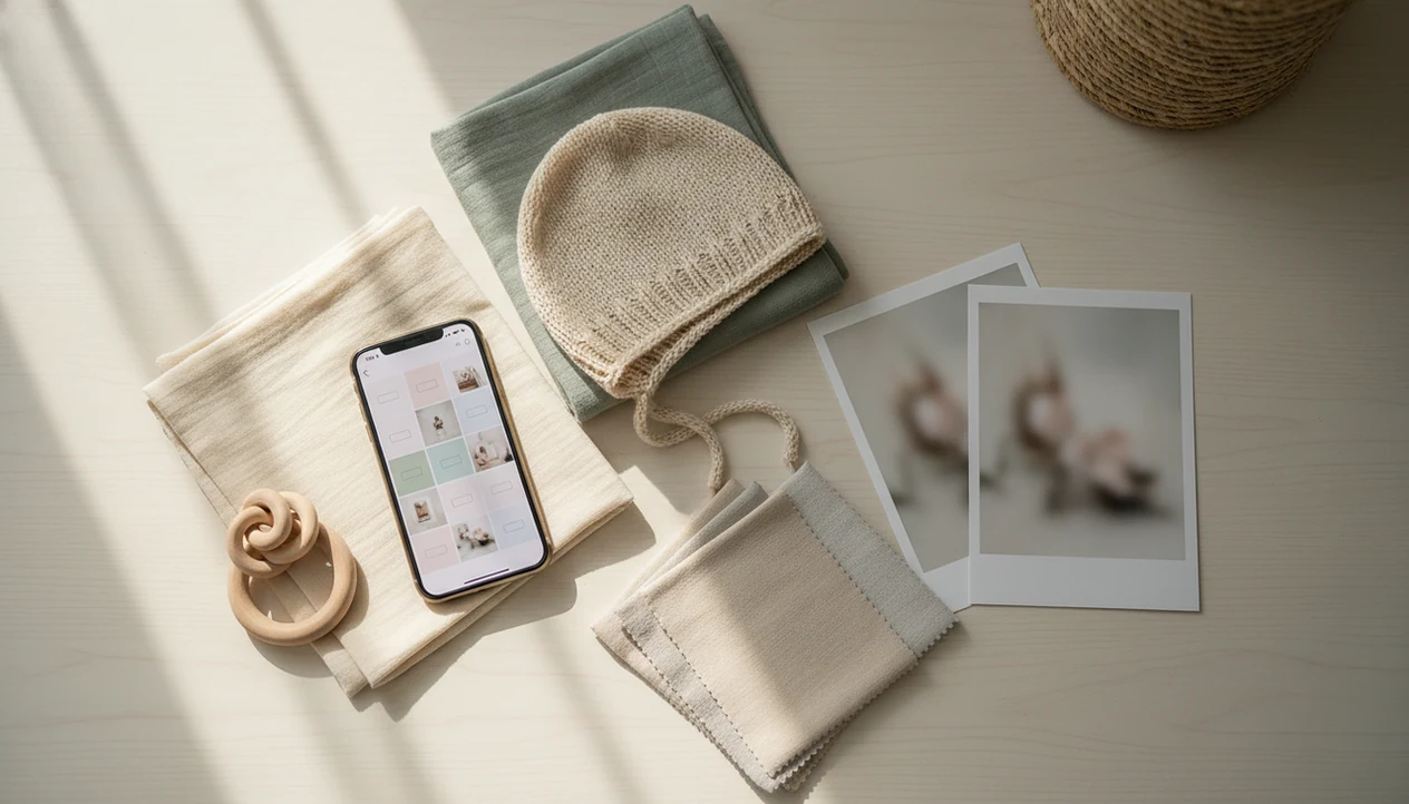 A phone mood board sits among newborn photo props, fabric swatches, and soft nursery planning items.