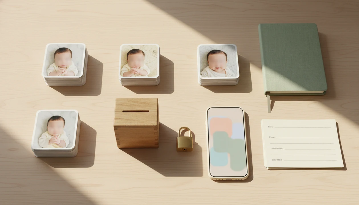 Organized baby photo contest materials with photo cards, blank forms, a ballot box, and privacy lock.