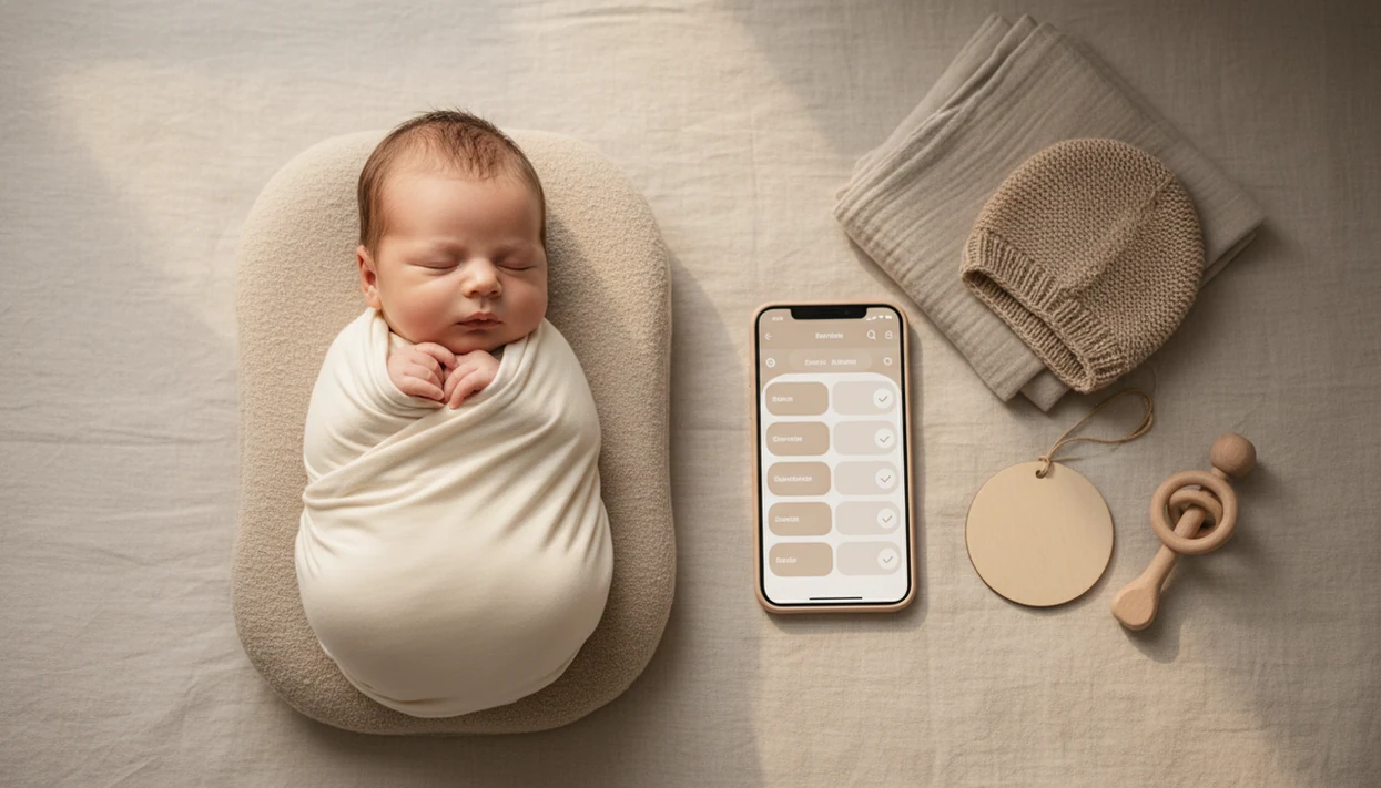 A swaddled newborn rests beside a phone and simple props arranged for a short home photo session.