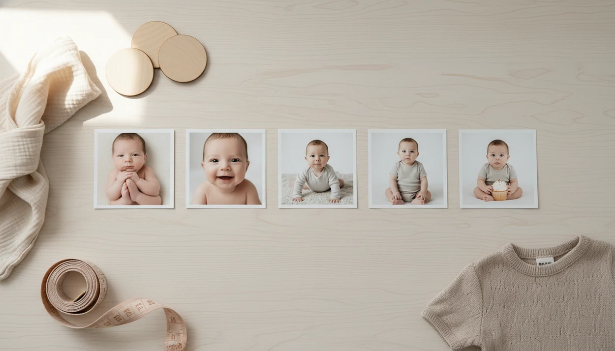 A nursery flat lay shows five baby milestone photos arranged as a first-year timeline.