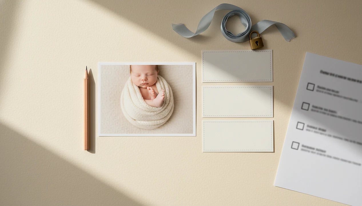 A flat lay of a baby photo, blank caption cards, pencil, and lock charm on a cream tabletop.