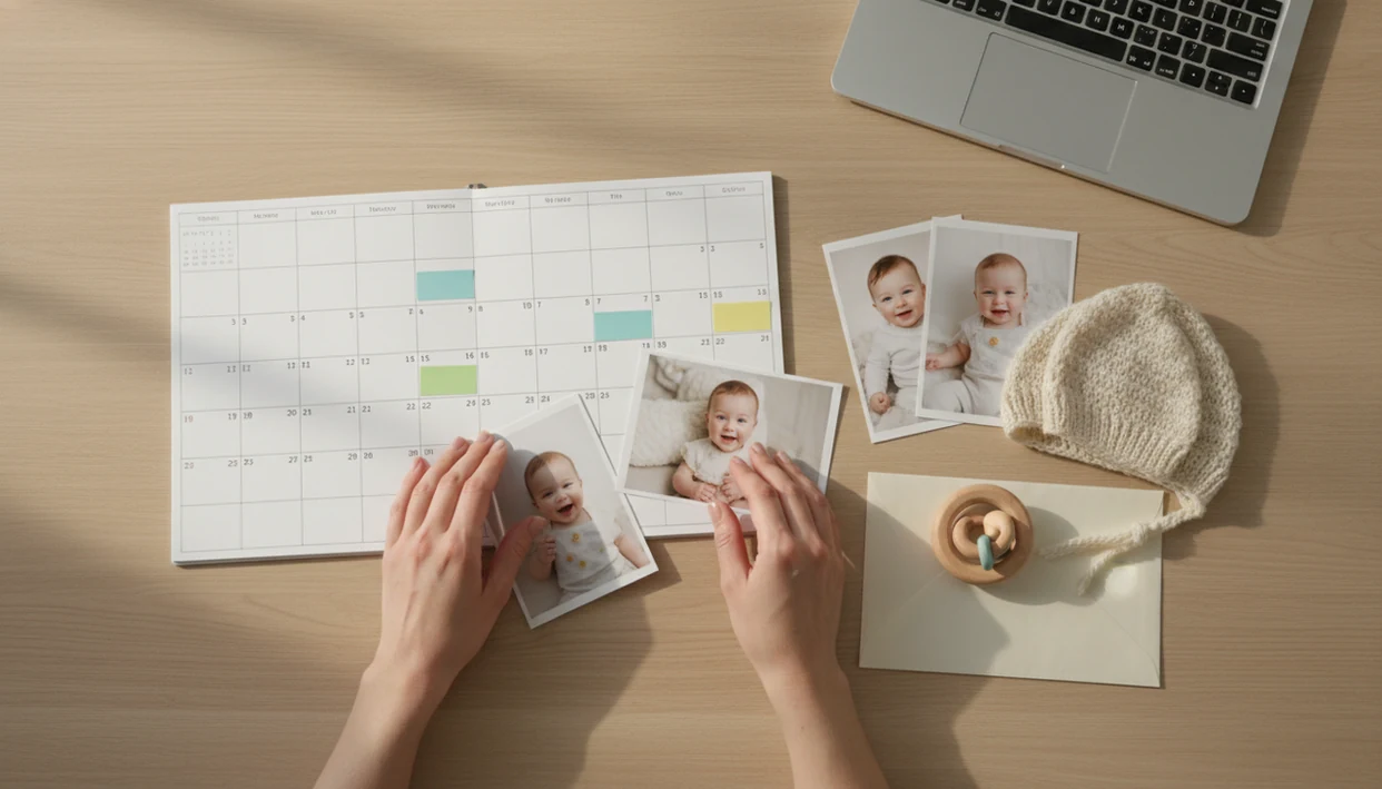 A nursery desk shows a blank calendar, baby photo prints, and keepsakes arranged for contest planning.
