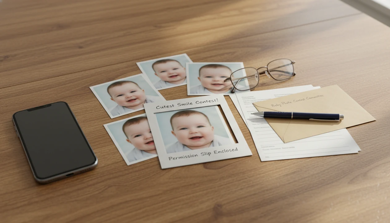 Grandparents’ table with baby photo prints, crop frame, glasses, pen, and permission papers.