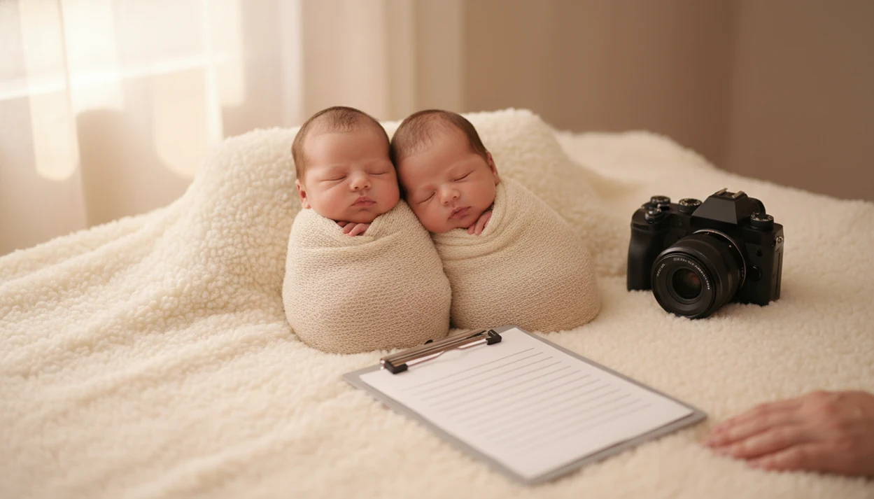 Twin newborns lie safely side by side on a soft blanket during a calm contest photo setup.