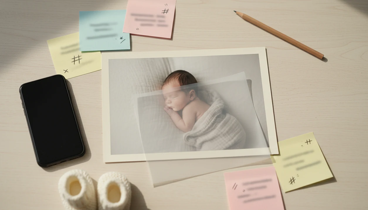 A newborn photo print is arranged with notes, booties, and a covered phone to suggest safe contest posting.