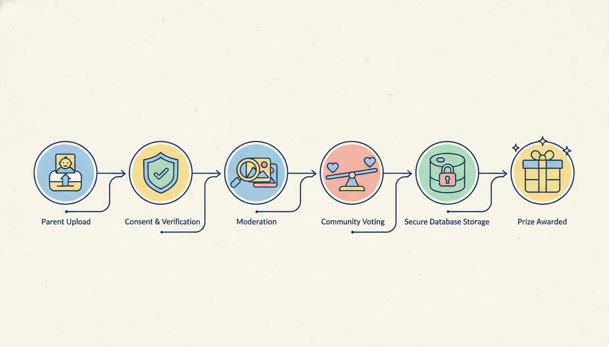 A wordless diagram shows upload, consent, moderation, voting, data handling, and prize fulfillment steps.