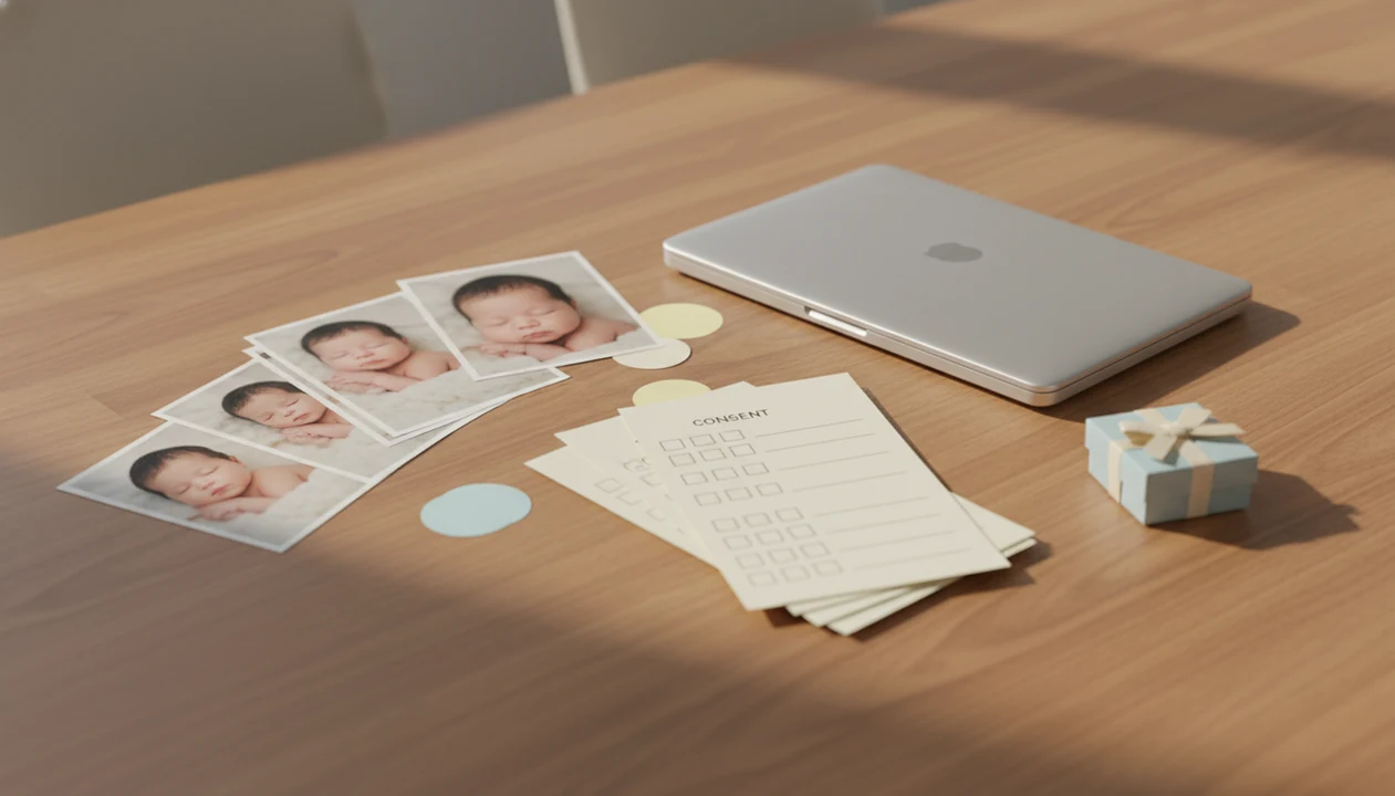 Printed newborn contest entries sit beside consent forms, moderation markers, a laptop, and a prize box.