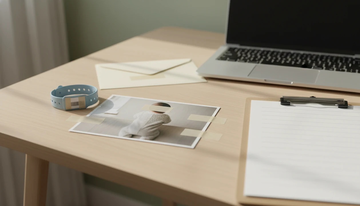 A nursery desk shows a baby photo being prepared with identifying details covered before sharing.