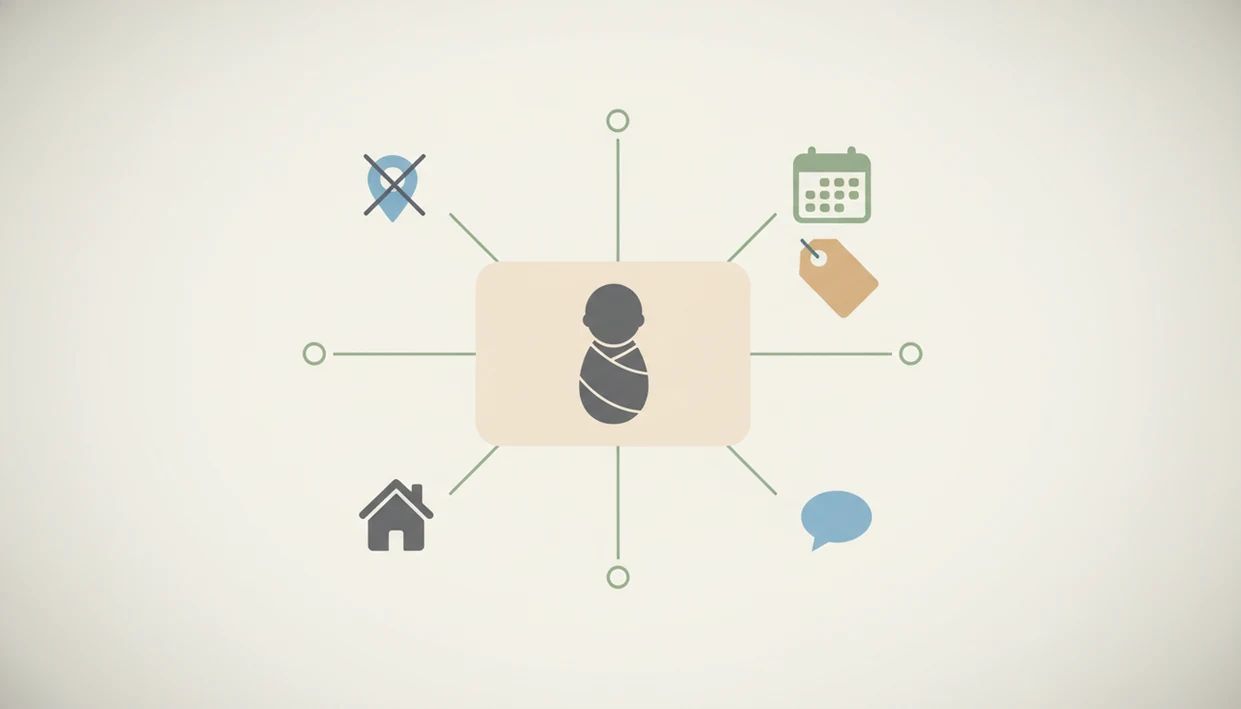 A clean privacy checklist illustration points to common clues in a baby contest photo.