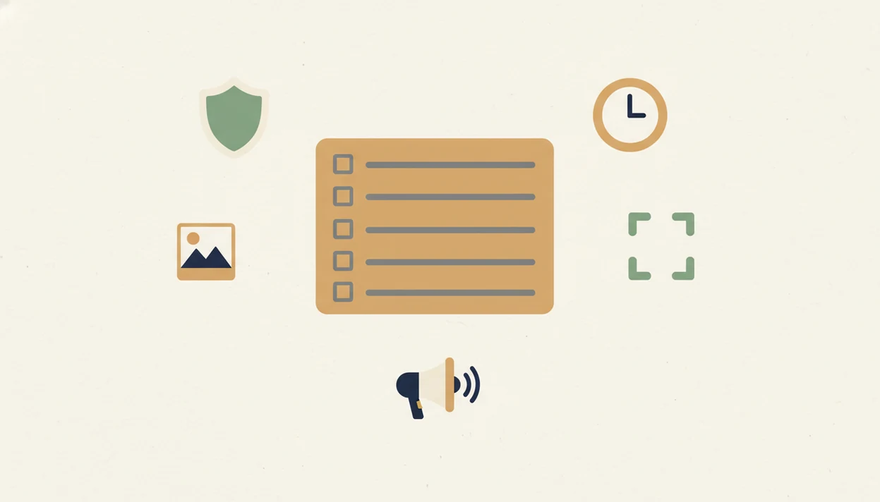 A simple illustrated checklist with privacy, timing, cropping, and advertising symbols.