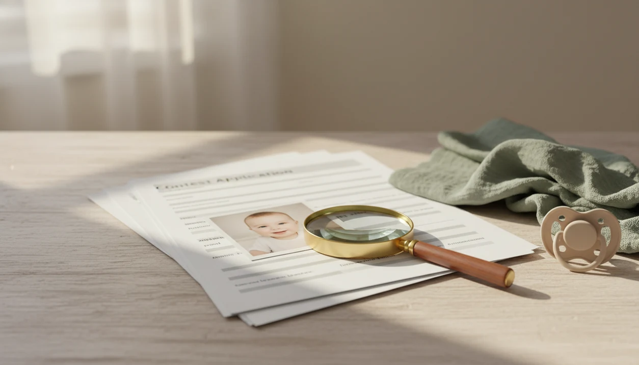 A baby photo, contest papers, and a magnifying glass arranged on a nursery table.
