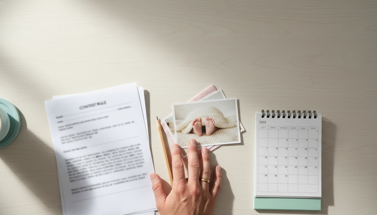 A parent reviews blurred contest rules beside baby photos, a calendar, and a pencil on a table.