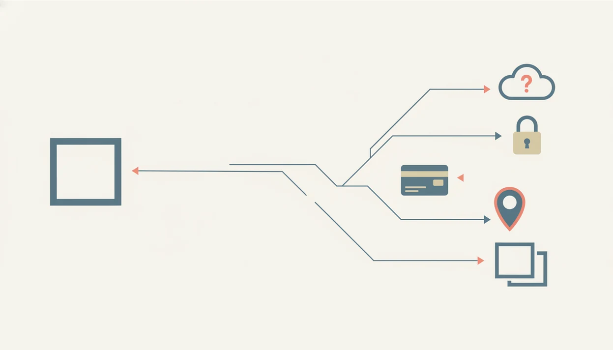 A simple privacy map shows a baby photo branching toward cloud, payment, location, and copy icons.