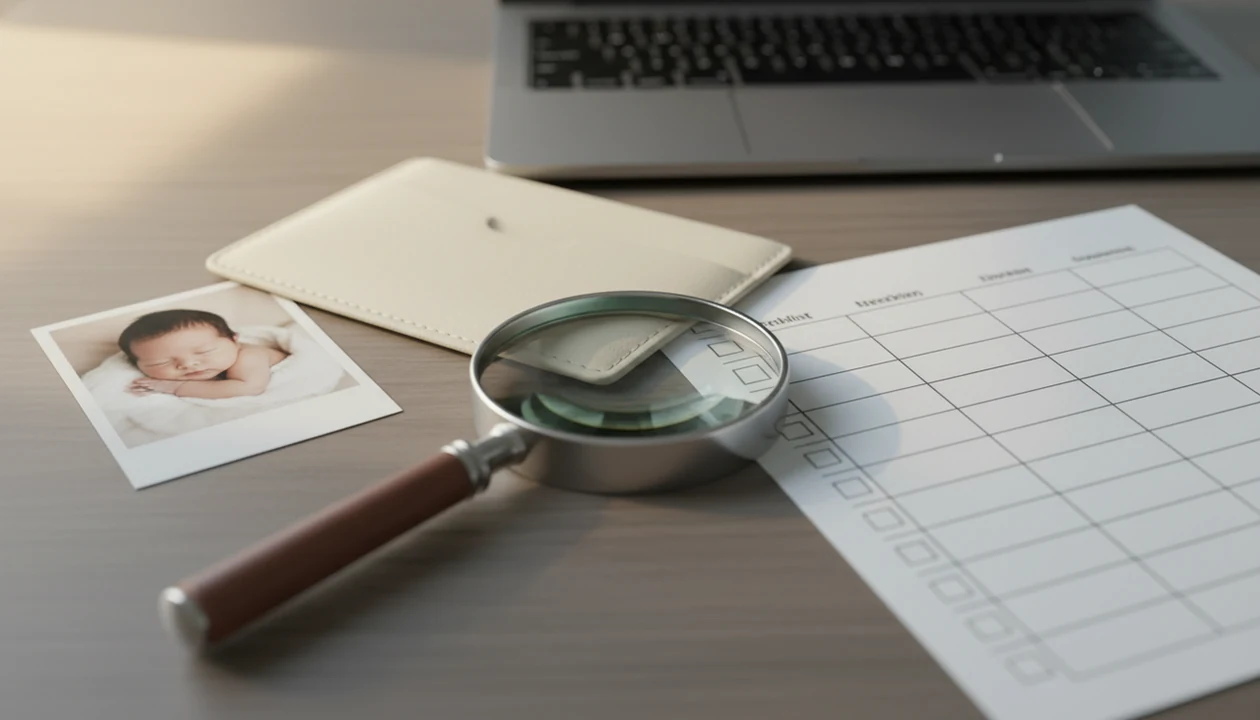 A newborn photo print, magnifying glass, and blank checklist suggest careful contest screening.