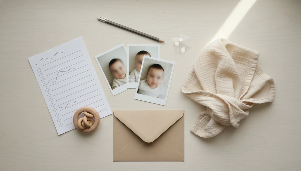 A soft flat lay of baby photos, a blank checklist, and nursery items prepared for a photo contest entry.