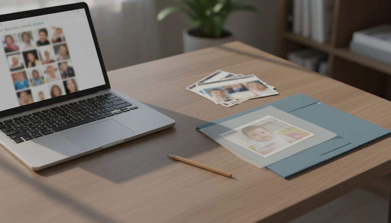 A privacy-focused desk scene with a blurred contest gallery, hidden baby photo, and removal documents.