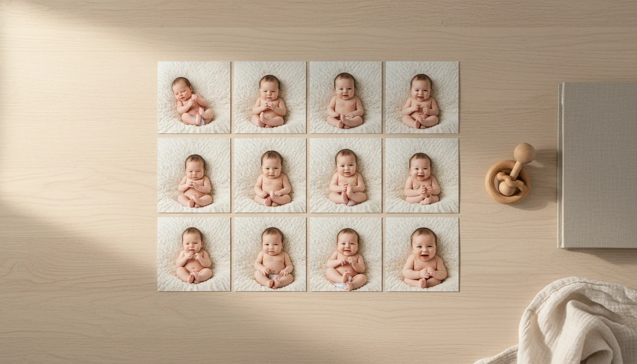 Twelve printed monthly baby photos arranged in a neat grid beside a simple photo album.
