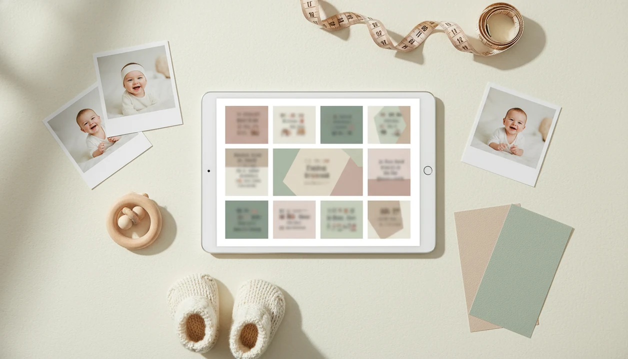 A tablet and printed baby photos arranged as a milestone collage planning workspace.
