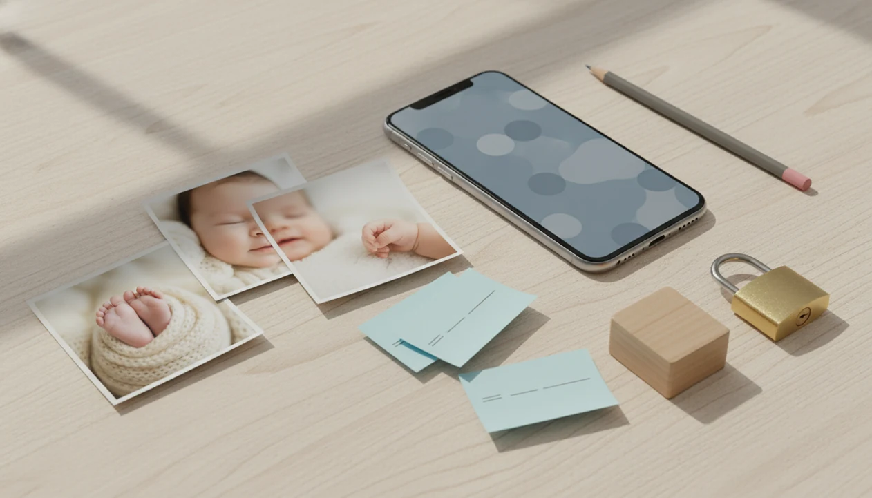 Baby photo prints, a blank phone, notes, and a small lock arranged for private caption planning.