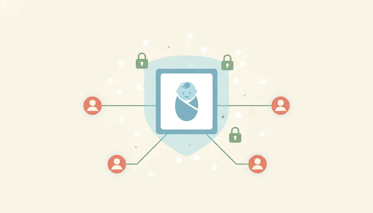 An illustration shows a baby photo protected by a shield while sharing paths reach family circles.