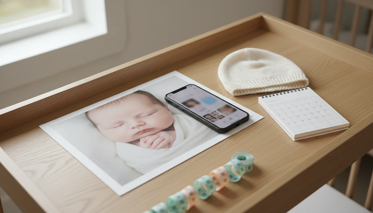 Nursery flat lay for a baby photo contest entry.
