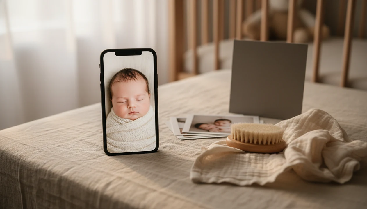 A phone showing a natural newborn photo sits beside prints and editing tools on a nursery blanket.