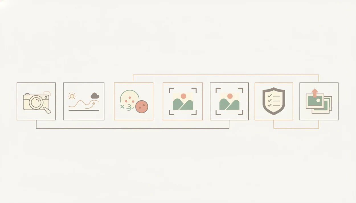 A wordless six-step illustration shows capture, subtle editing, rule checking, and final export.