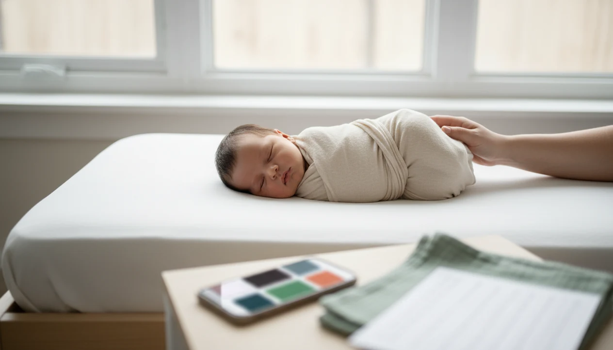A safe at-home newborn photo setup with soft window light, a supervised baby, and a phone for planning.