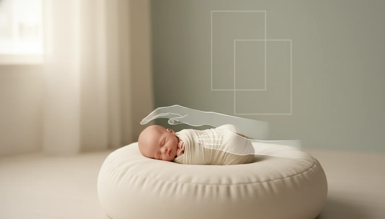 A studio-style illustration shows a supported newborn pose being combined into a safe composite image.