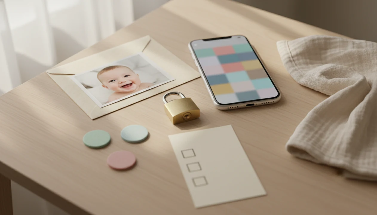 A baby photo, smartphone, padlock, voting tokens, and checklist arranged on a nursery table.