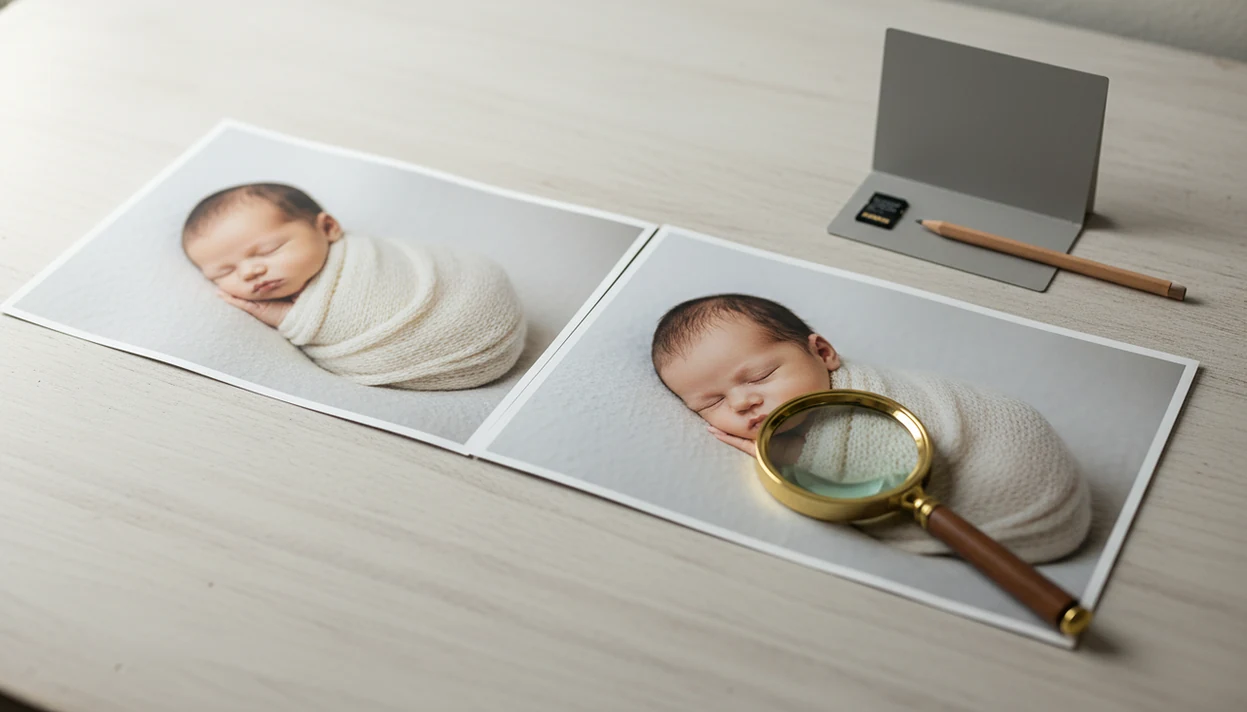 Side-by-side newborn photo prints show subtle AI editing while preserving natural skin texture.