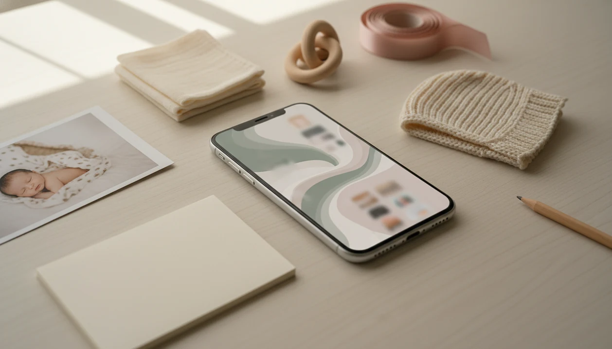 A phone and nursery props arranged as a newborn photo mood board planning setup.