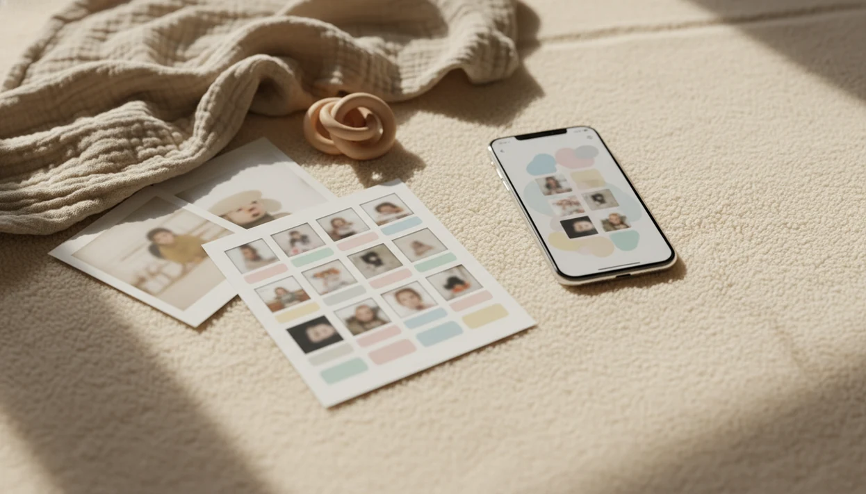 A phone and printed baby milestone collage rest on a soft nursery blanket with keepsake baby items.