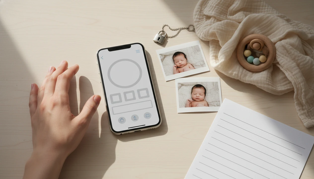 A smartphone on a nursery desk beside newborn photos, a swaddle, and privacy-themed entry prep items.