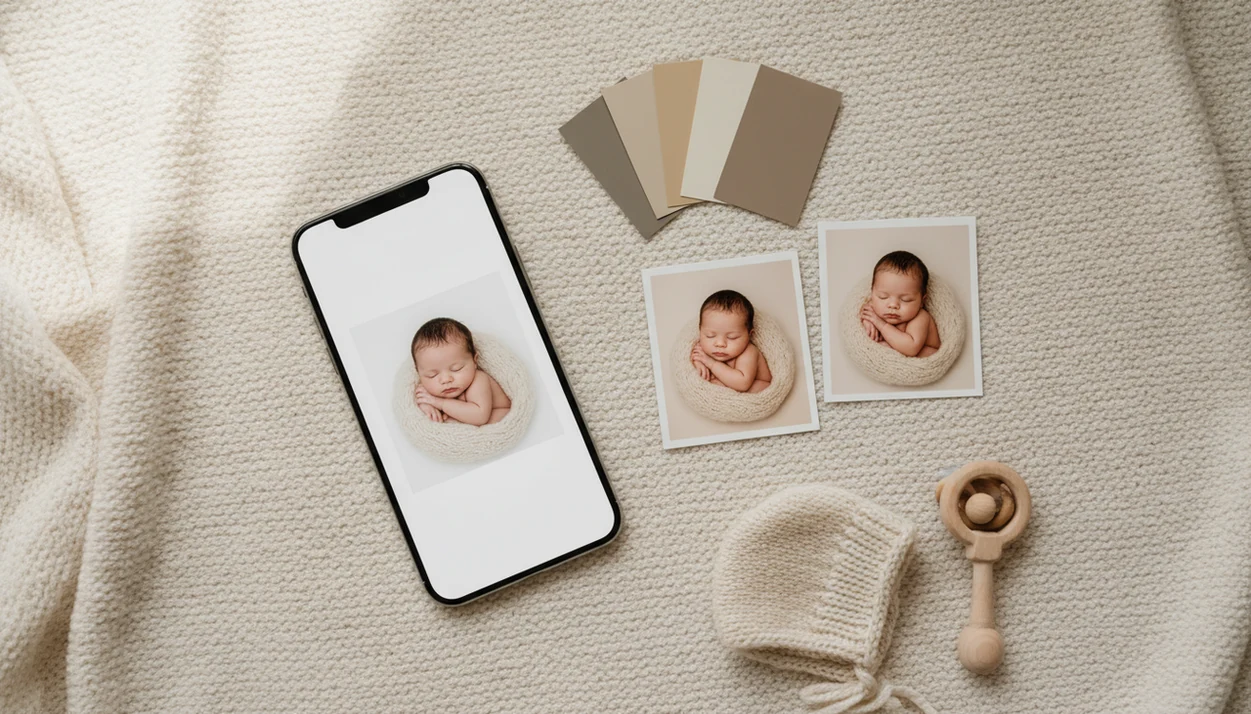 A phone and printed newborn portraits on a soft blanket suggest gentle baby photo editing.