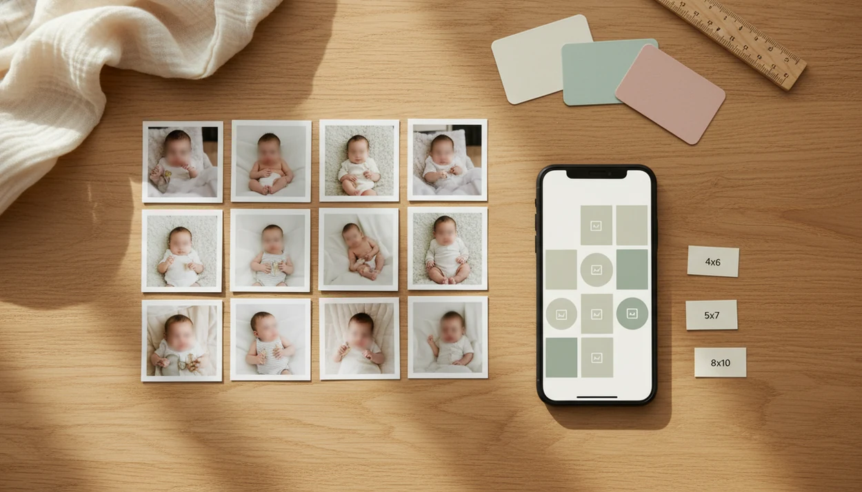 A tabletop comparison of baby milestone photo prints, blank cards, and a phone with a collage layout.