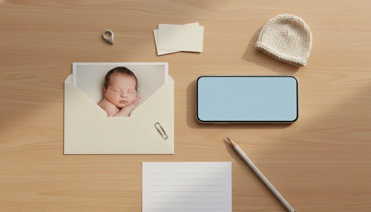A nursery desk shows a baby photo, blank phone screen, caption cards, and privacy check items.