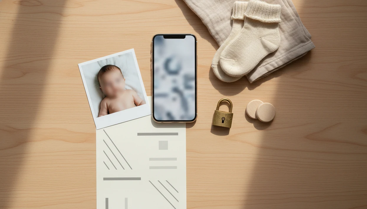 A nursery desk flat lay shows a phone, baby photo, rules sheet, padlock, voting tokens, and tiny socks.