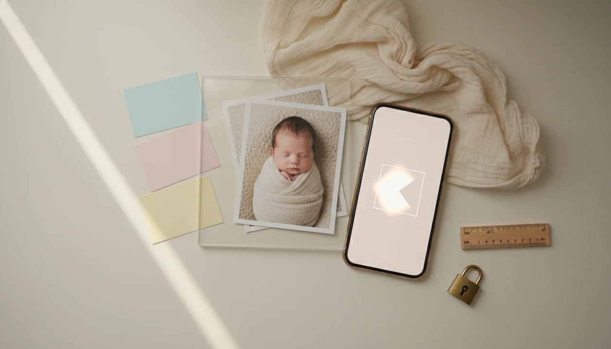 A phone, newborn photo prints, crop frame, and privacy charm arranged on a soft nursery desk.