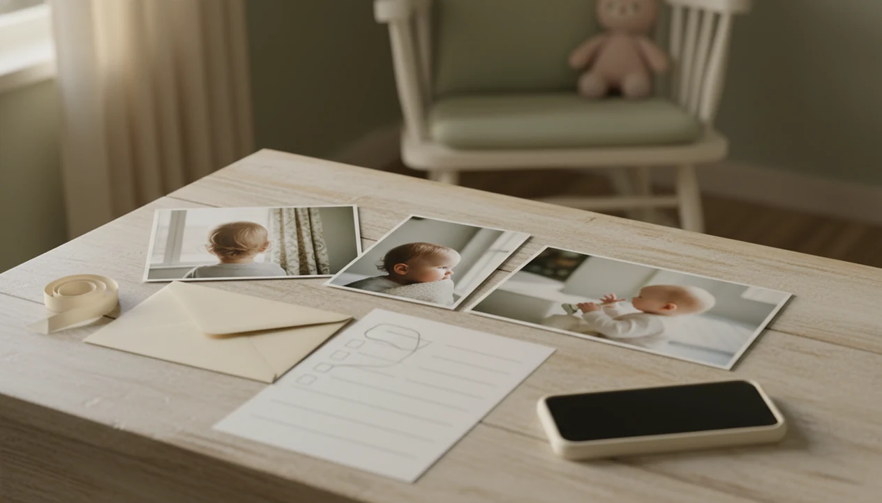 A nursery tabletop shows baby photo entries, a ribbon, an envelope, and checklist materials for contest comparison.