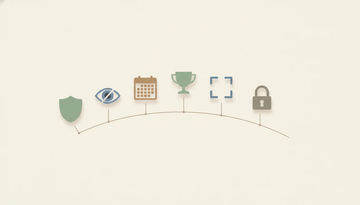 A minimalist six-step visual checklist uses privacy, timing, prize, crop, and security symbols for contest safety.