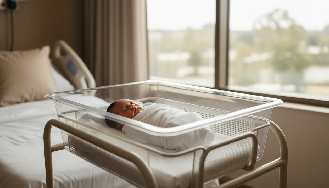 A swaddled newborn rests safely in a hospital bassinet beside soft window light.