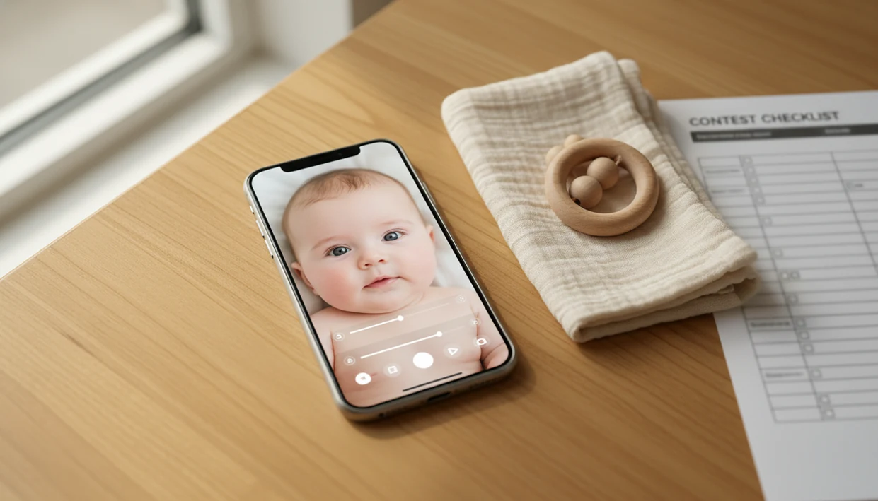 A phone displays a natural baby photo edit beside simple contest prep items on a wooden table.