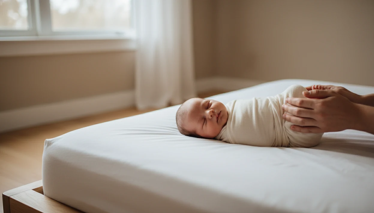A swaddled newborn rests on a plain bed near soft window light with caregiver hands close by.