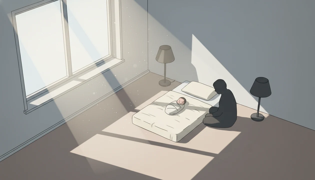 An illustrated bedroom setup shows a newborn beside soft window light with a caregiver nearby.