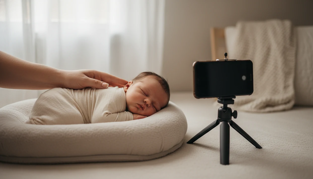 A swaddled newborn rests in soft window light while an Android phone on a tripod is ready to take photos.